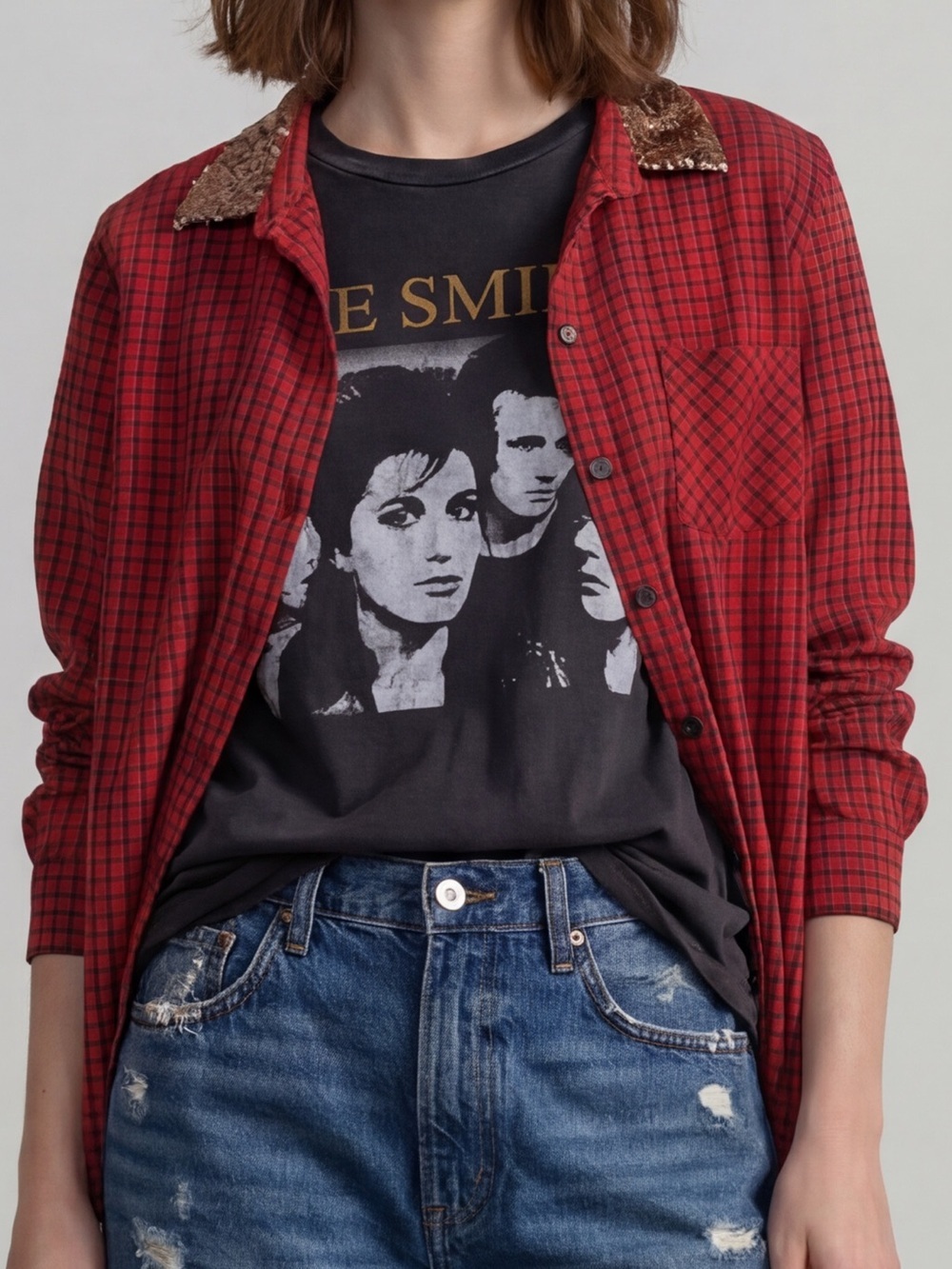 Merona red plaid cotton button down rosegold sequin collar cabincore rustic glam